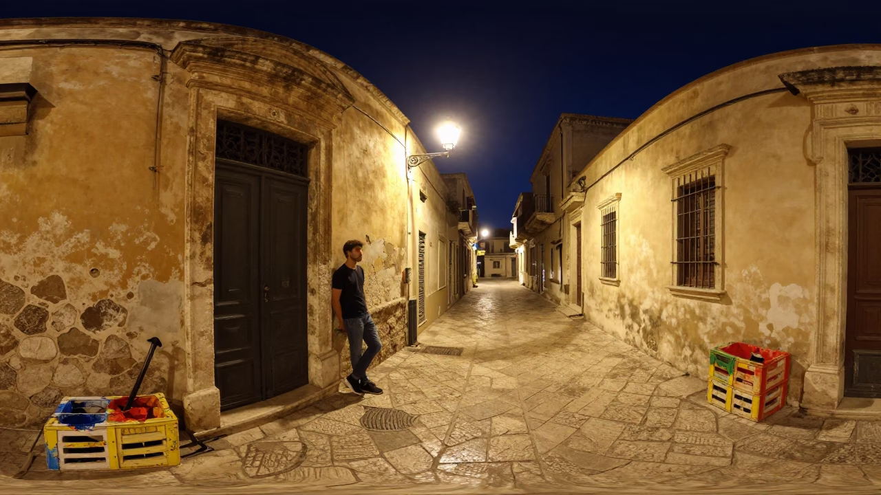 Nighttime Street Scene in Palermo Italy with Crowbar and Painted Crate in in Palermo, Italy