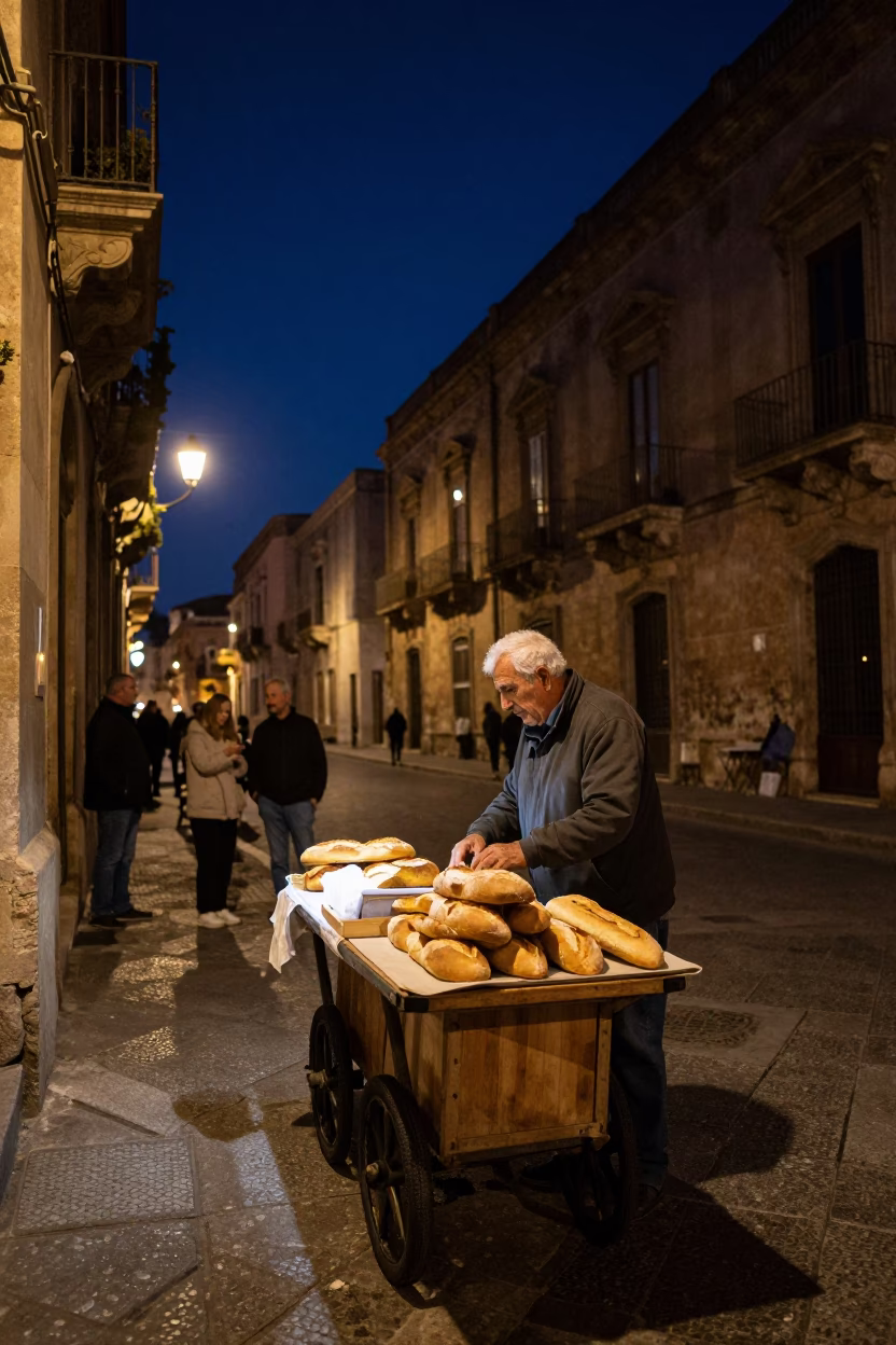Nighttime Street Scene in Palermo Italy with Local Vendor and Customers Under Deep Sky in in Palermo, Italy
