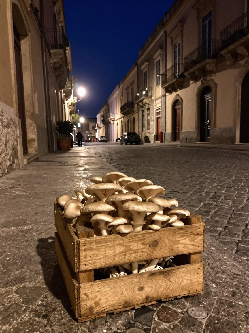 Nighttime Street Scene in Palermo Italy with Oyster Mushrooms and Local Atmosphere in in Palermo, Italy