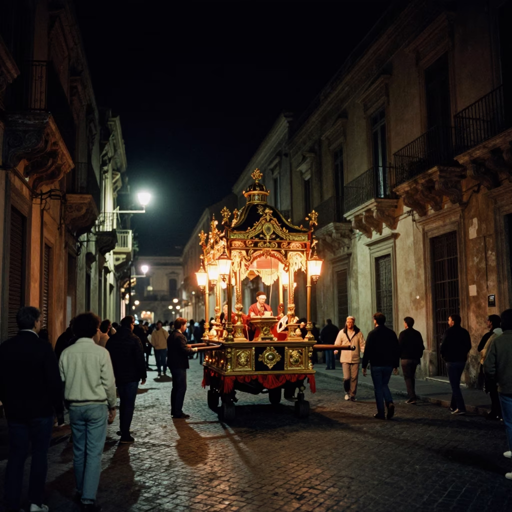 Nighttime Street Scene in Palermo Italy with Processional Float and Lanterns in in Palermo, Italy