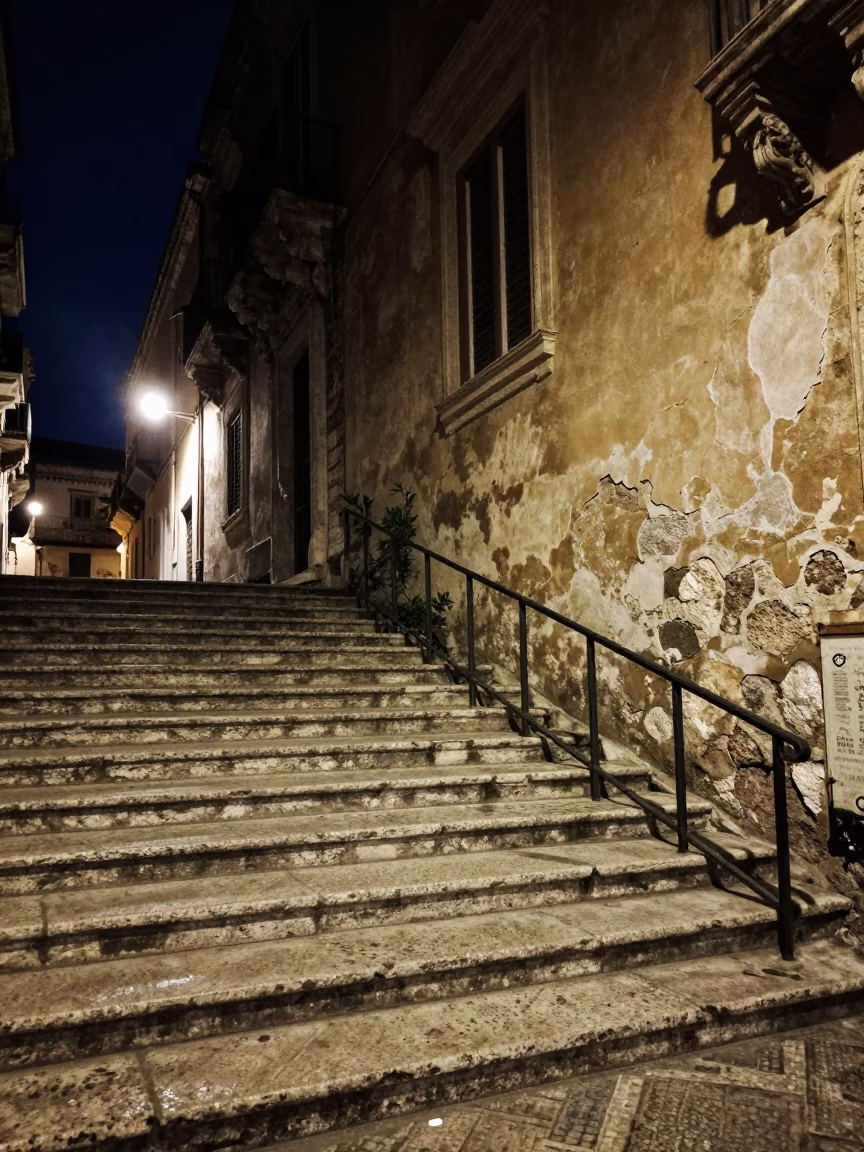 Nighttime Street Scene in Palermo Italy with Stair Rail and Dimly Lit Building Facade in in Palermo, Italy