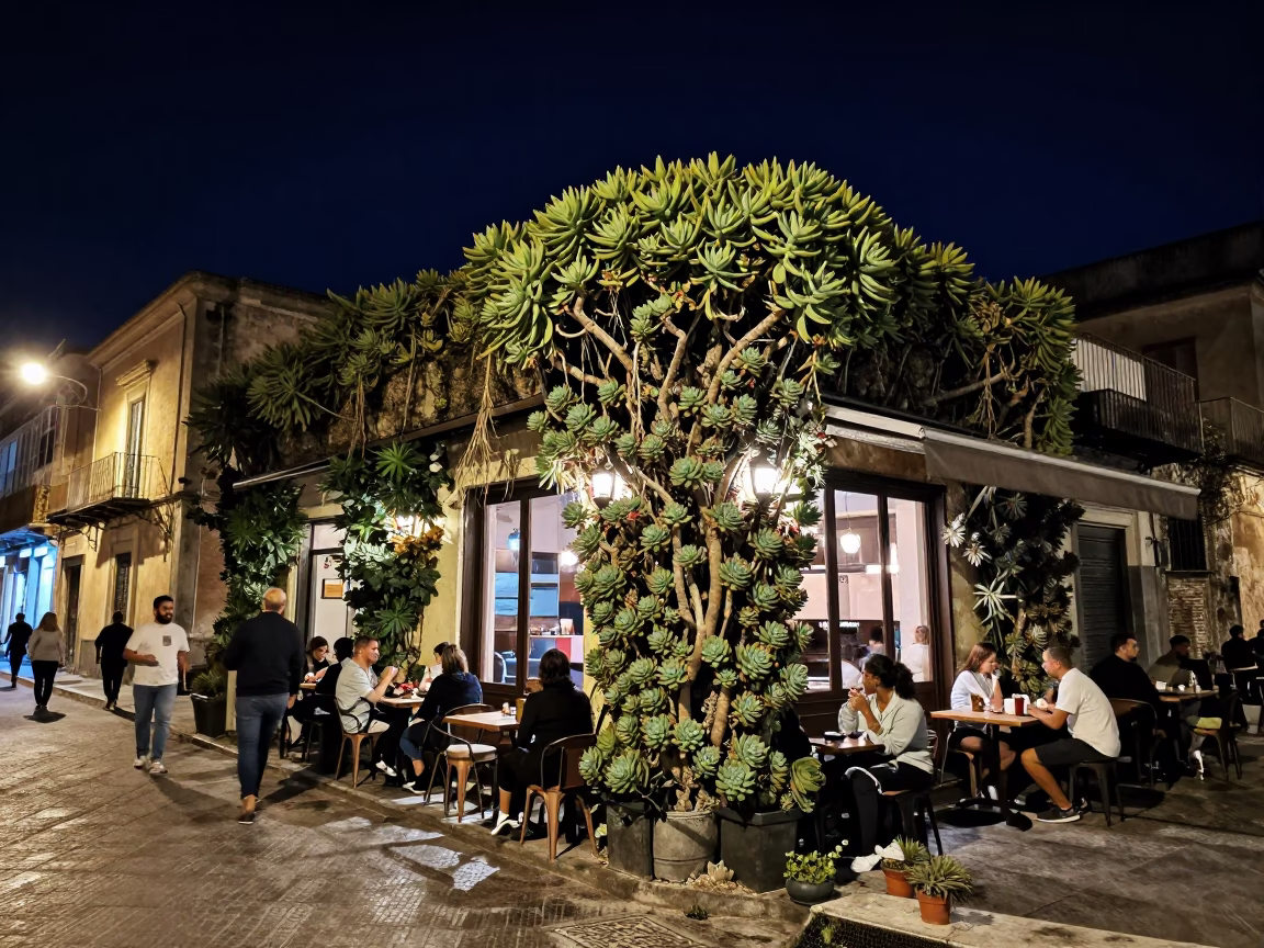 Nighttime Street Scene in Palermo Italy with Succulent Wall and Candid Local Interaction in in Palermo, Italy