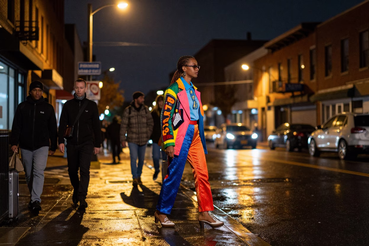Nighttime Street Scene in Philadelphia Pennsylvania with Colorful Fashion Elements in in Philadelphia, Pennsylvania, United States