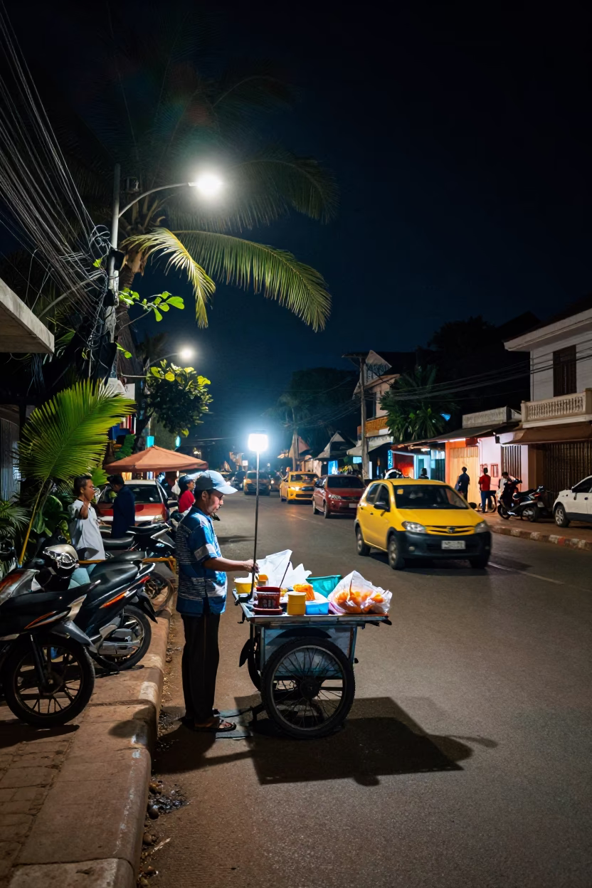 Nighttime Street Scene in Phnom Penh Cambodia with Local Vendor and Tropical Foliage in in Phnom Penh, Cambodia