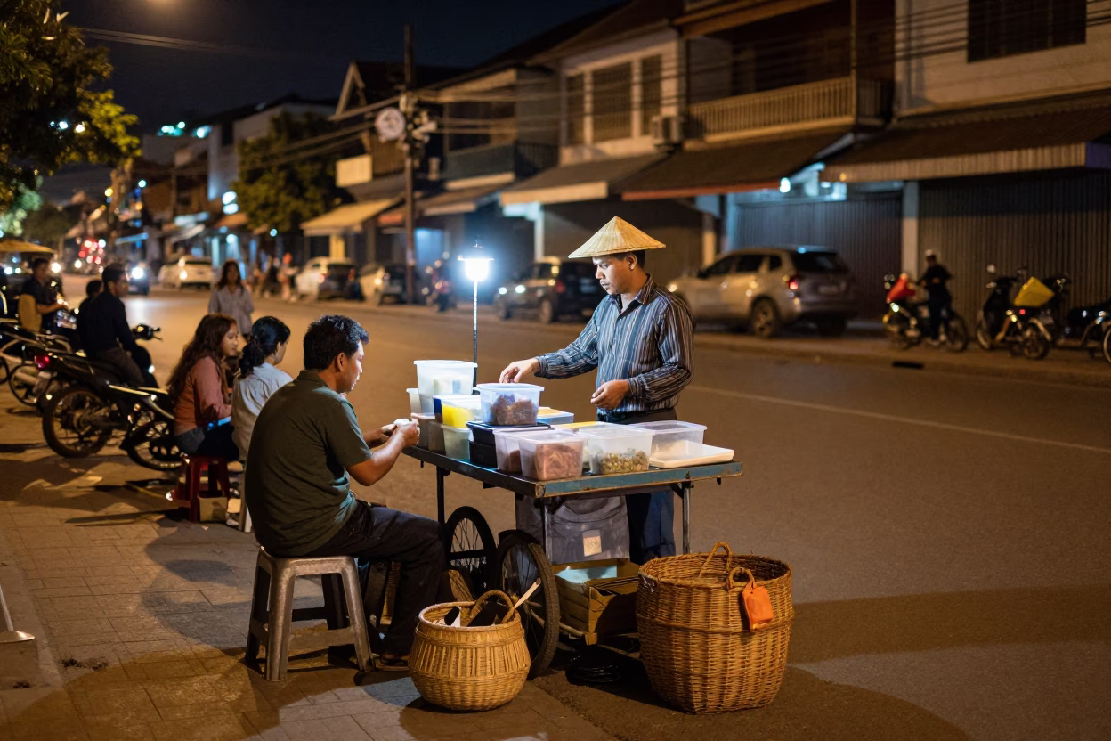 Nighttime Street Scene in Phnom Penh Cambodia with Local Vendor and Wicker Basket in in Phnom Penh, Cambodia