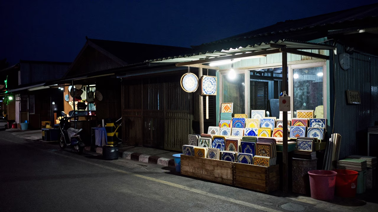 Nighttime Street Scene in Phuket Thailand with Ceramic Tiles and Glass Vase in in Phuket, Thailand