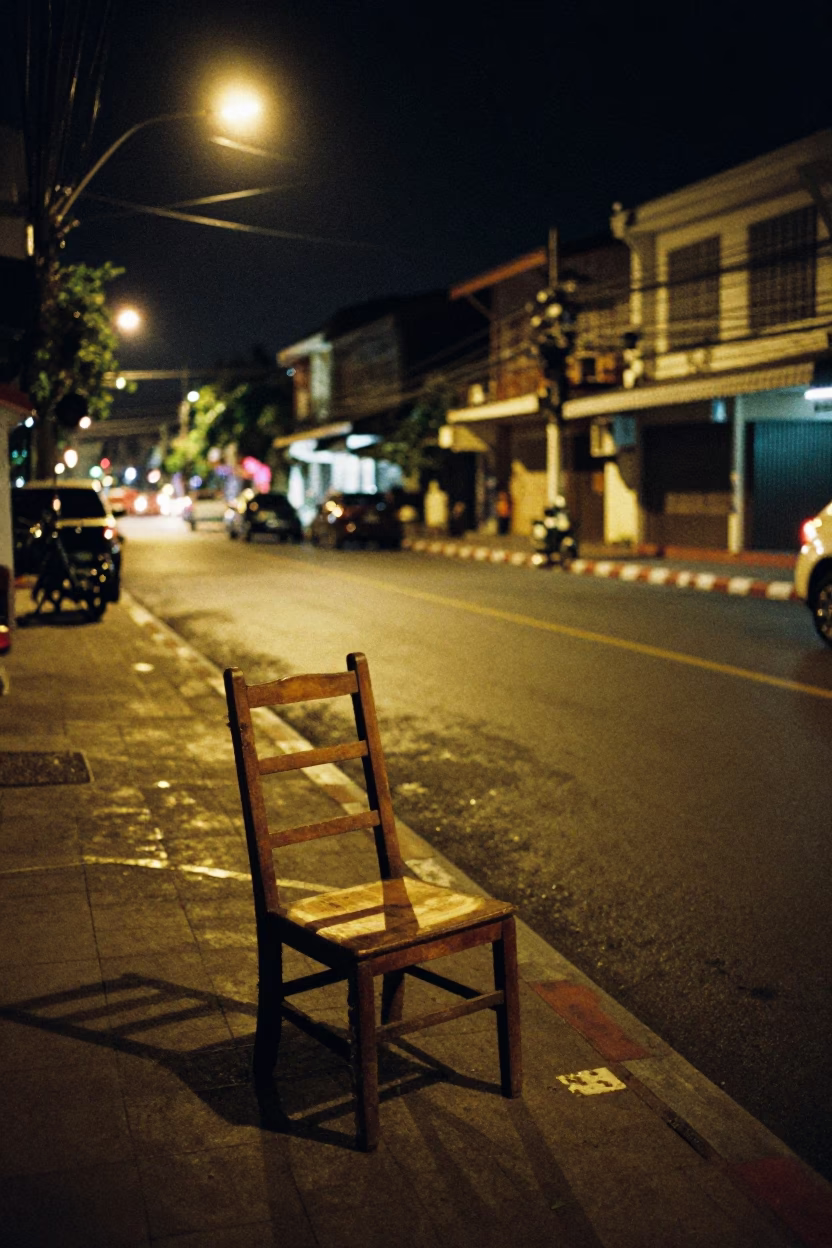 Nighttime Street Scene in Phuket Thailand with Ladder Back Chair and Army Ants in in Phuket, Thailand