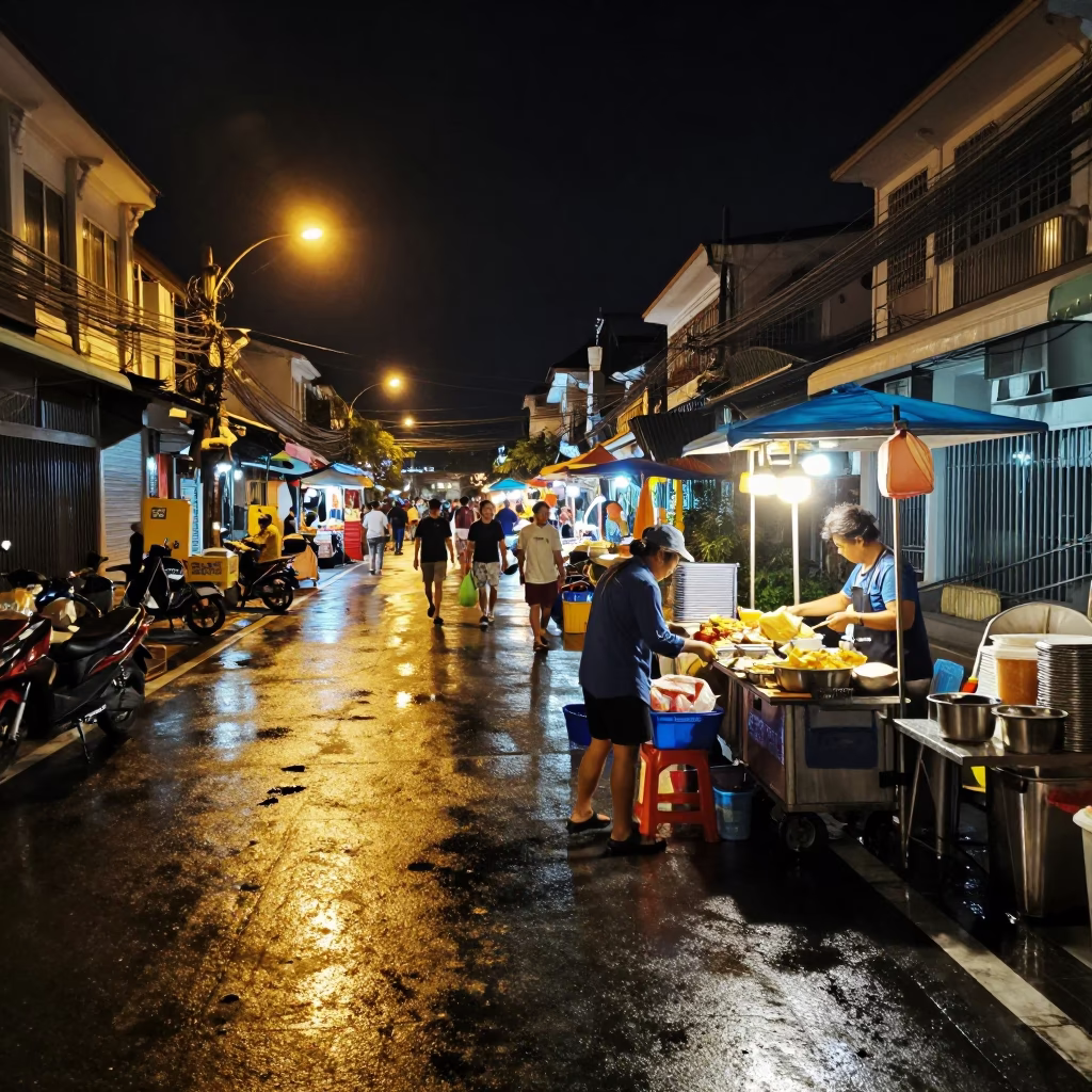 Nighttime Street Scene in Phuket Thailand with Pin Tin and Local Interaction in in Phuket, Thailand