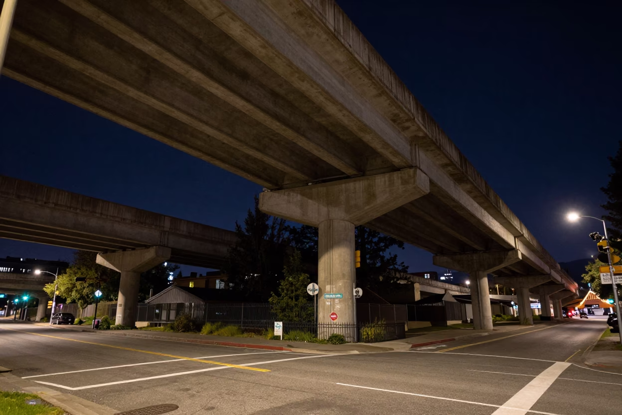 Nighttime Street Scene in Portland Oregon with Highway Flyover Stack and Urban Architecture in in Portland, Oregon, United States