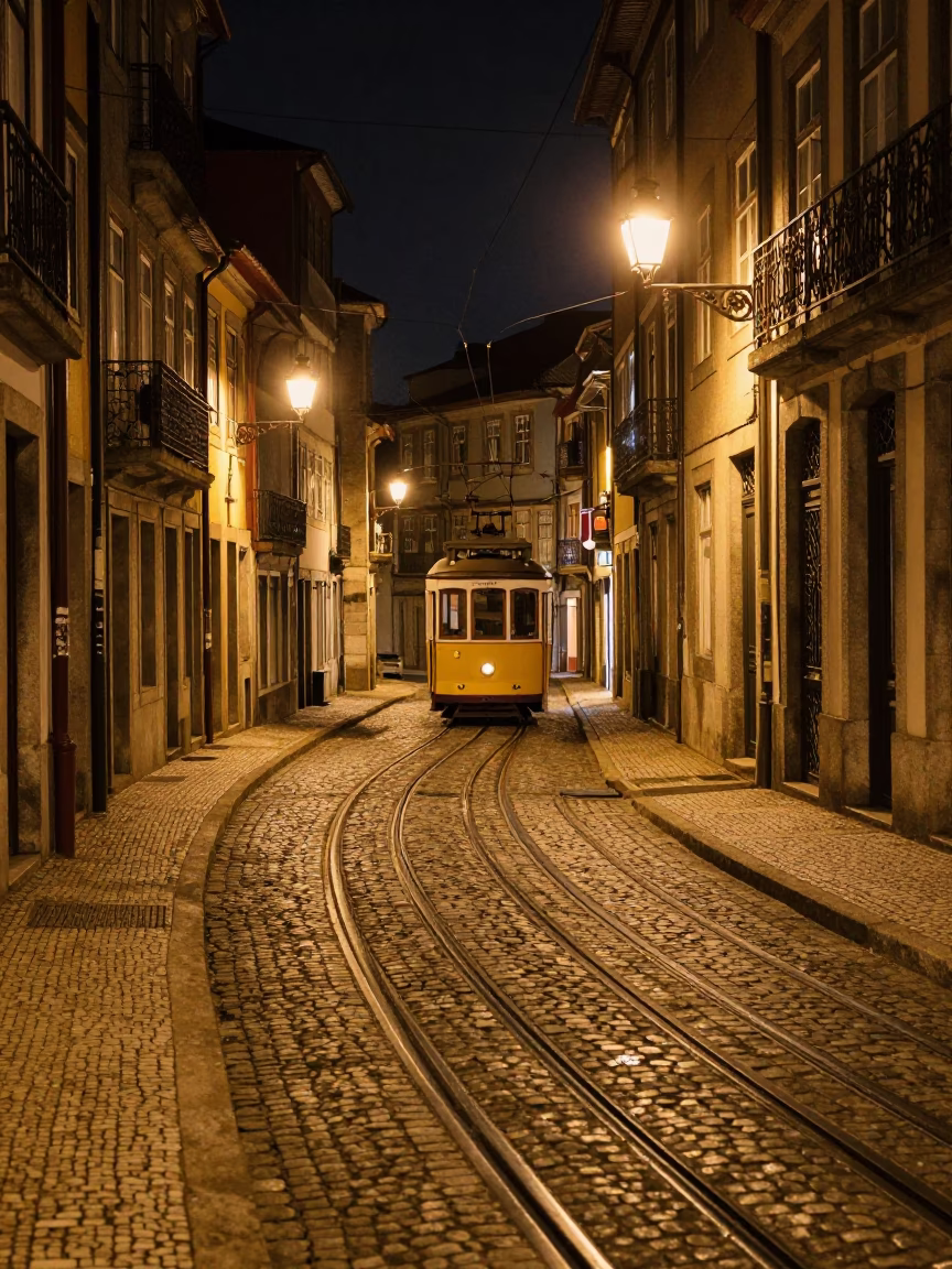 Nighttime Street Scene in Porto Portugal Featuring Tram Tracks and Cobblestone Alley in in Porto, Portugal