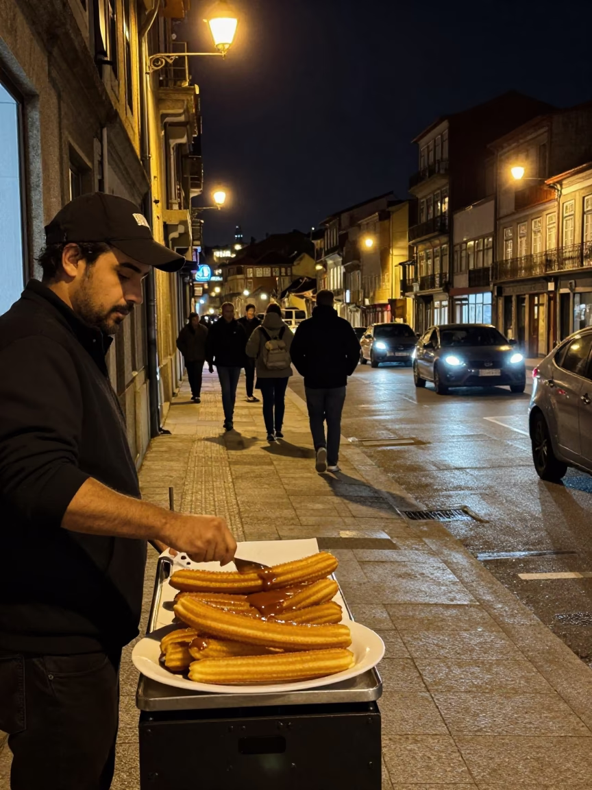 Nighttime Street Scene in Porto Portugal with Churros and Dulce de Leche in in Porto, Portugal