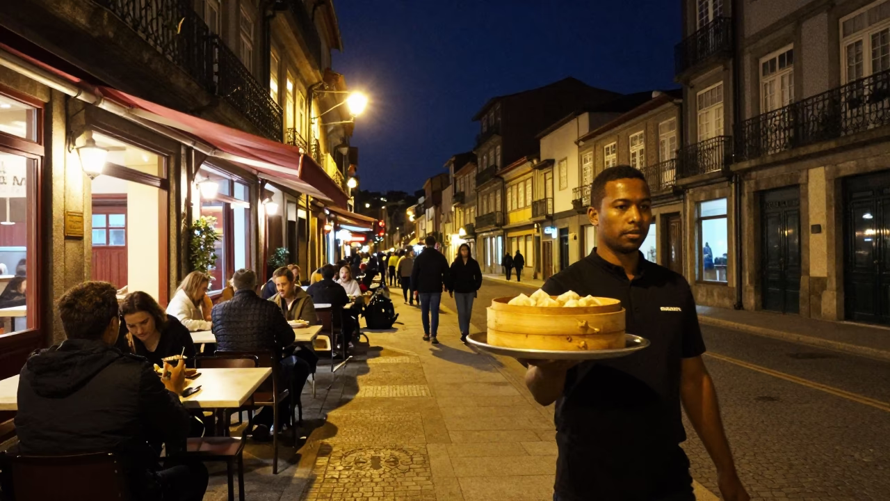 Nighttime Street Scene in Porto Portugal with Dim Sum and Local Life in in Porto, Portugal