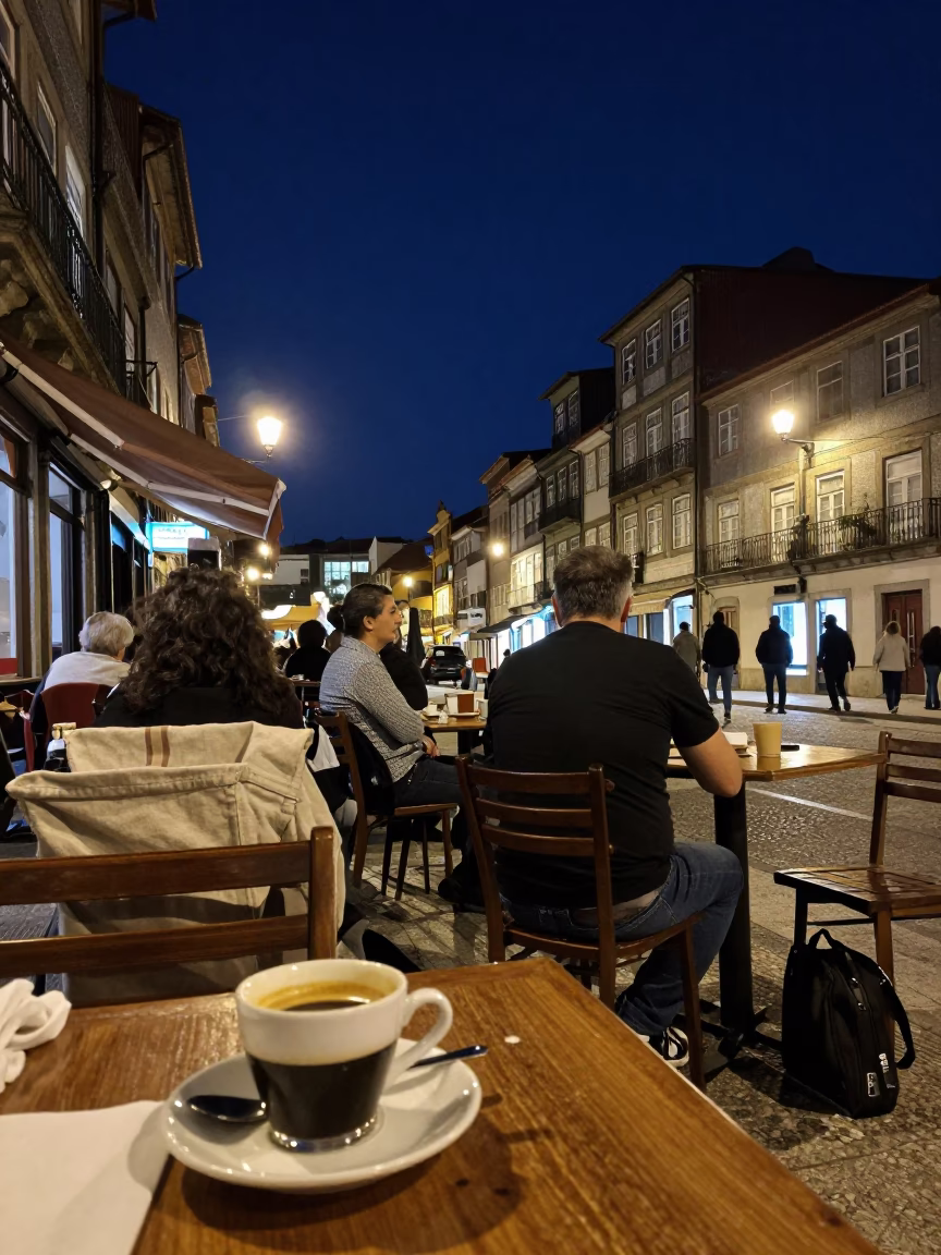 Nighttime Street Scene in Porto Portugal with Espresso Cup and Linen Fringe Detail in in Porto, Portugal