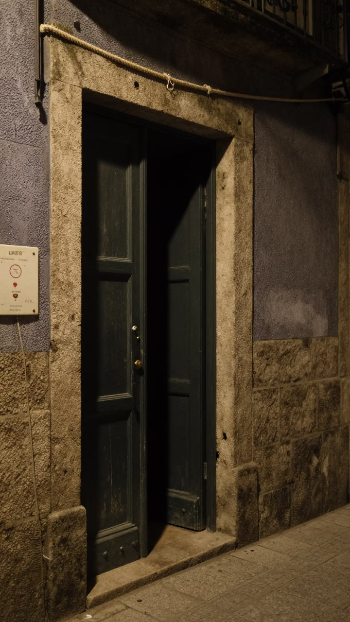 Nighttime Street Scene in Porto Portugal with Frayed Rope and Doorframe in in Porto, Portugal