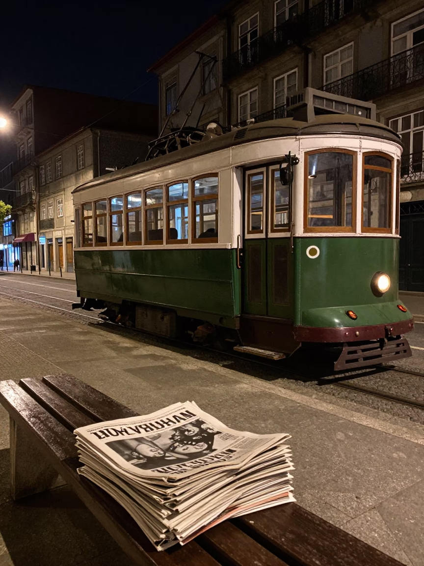 Nighttime Street Scene in Porto Portugal with Old Trolley and Newspaper Stack in in Porto, Portugal