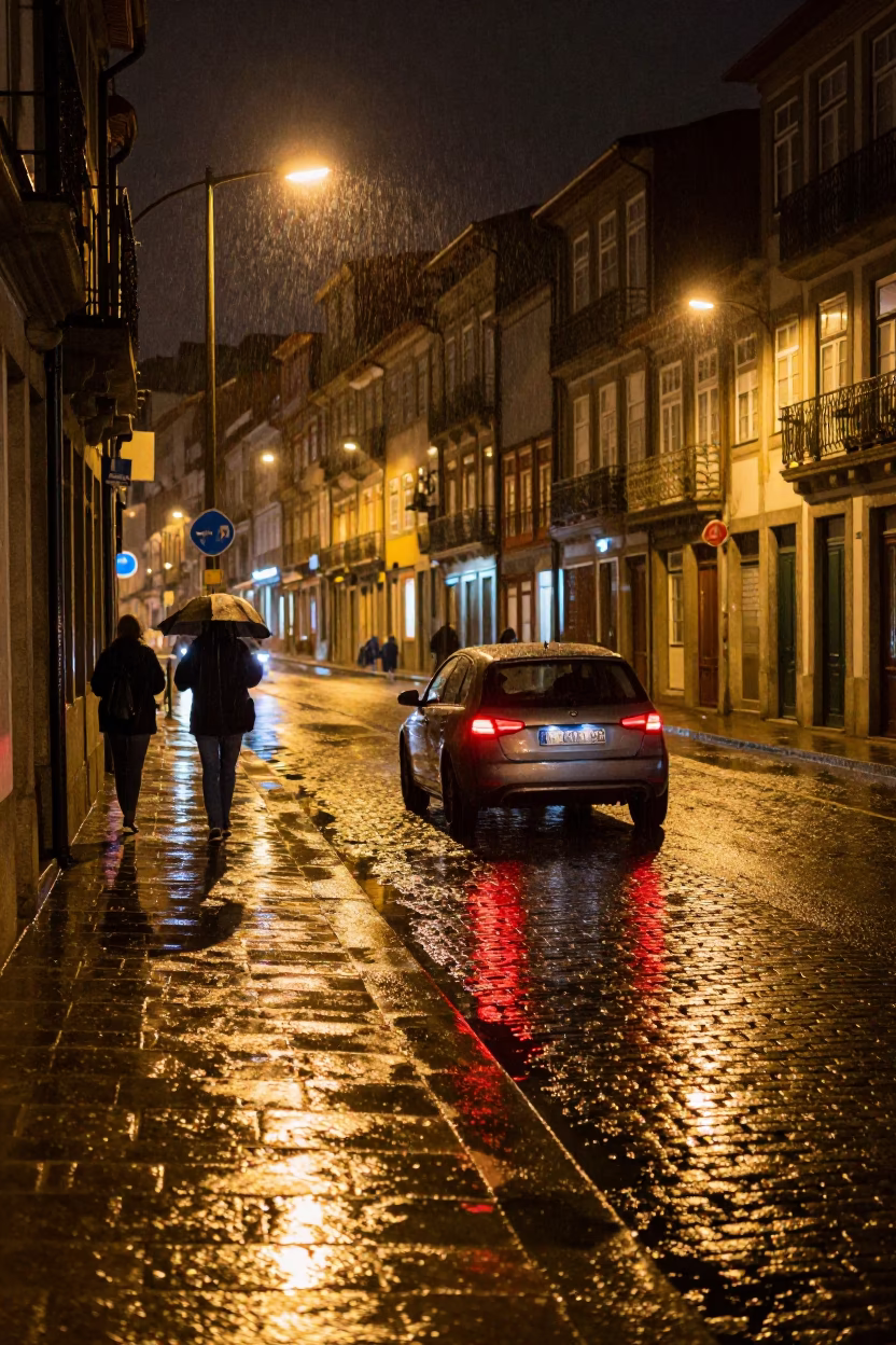 Nighttime Street Scene in Porto Portugal with Rain-Slicked Cobblestones and Glowing Taillights in in Porto, Portugal