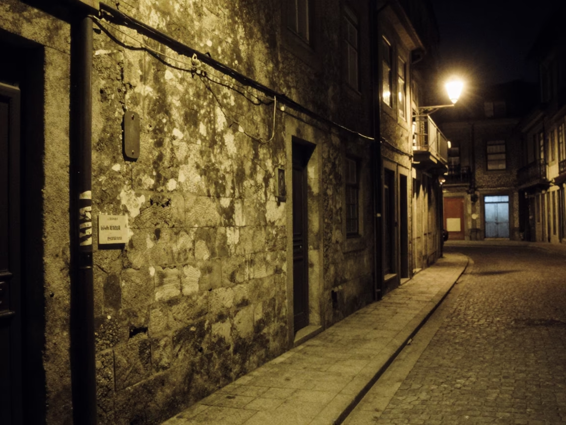 Nighttime Street Scene in Porto Portugal with Twine and Dust Details in in Porto, Portugal