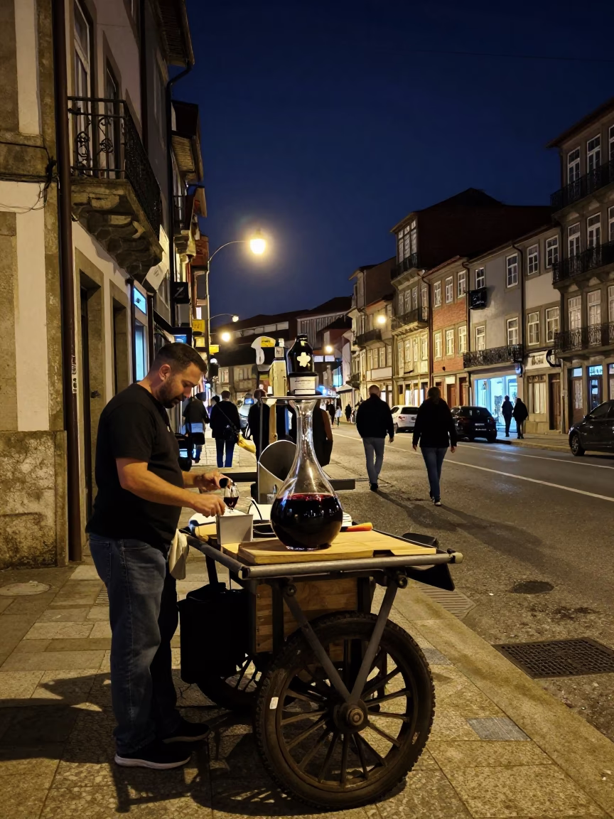 Nighttime Street Scene in Porto Portugal with Vintage Carafe and Local Market Activity in in Porto, Portugal