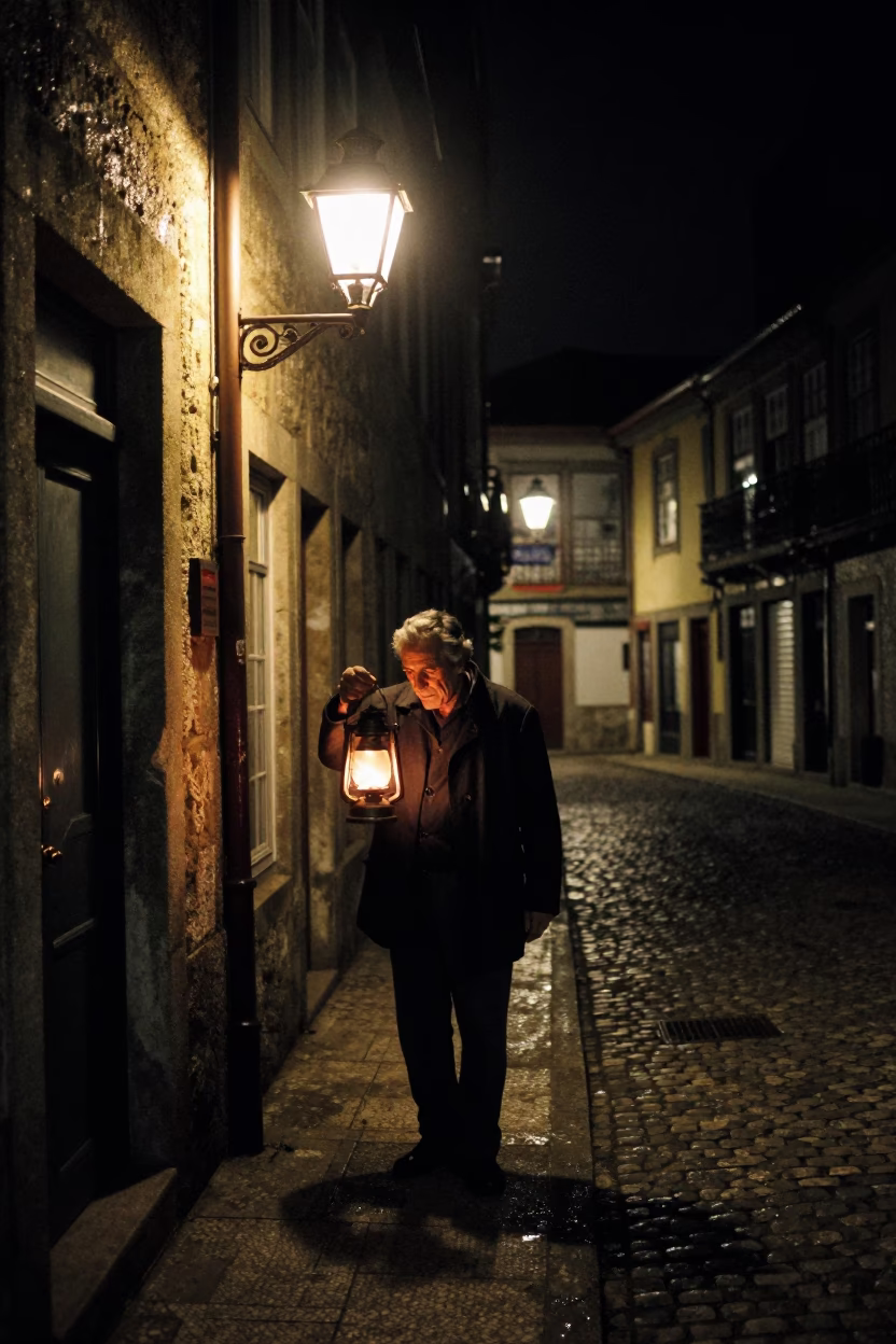 Nighttime Street Scene in Porto Portugal with Vintage Oil Lamp and Wicker Shadows in in Porto, Portugal