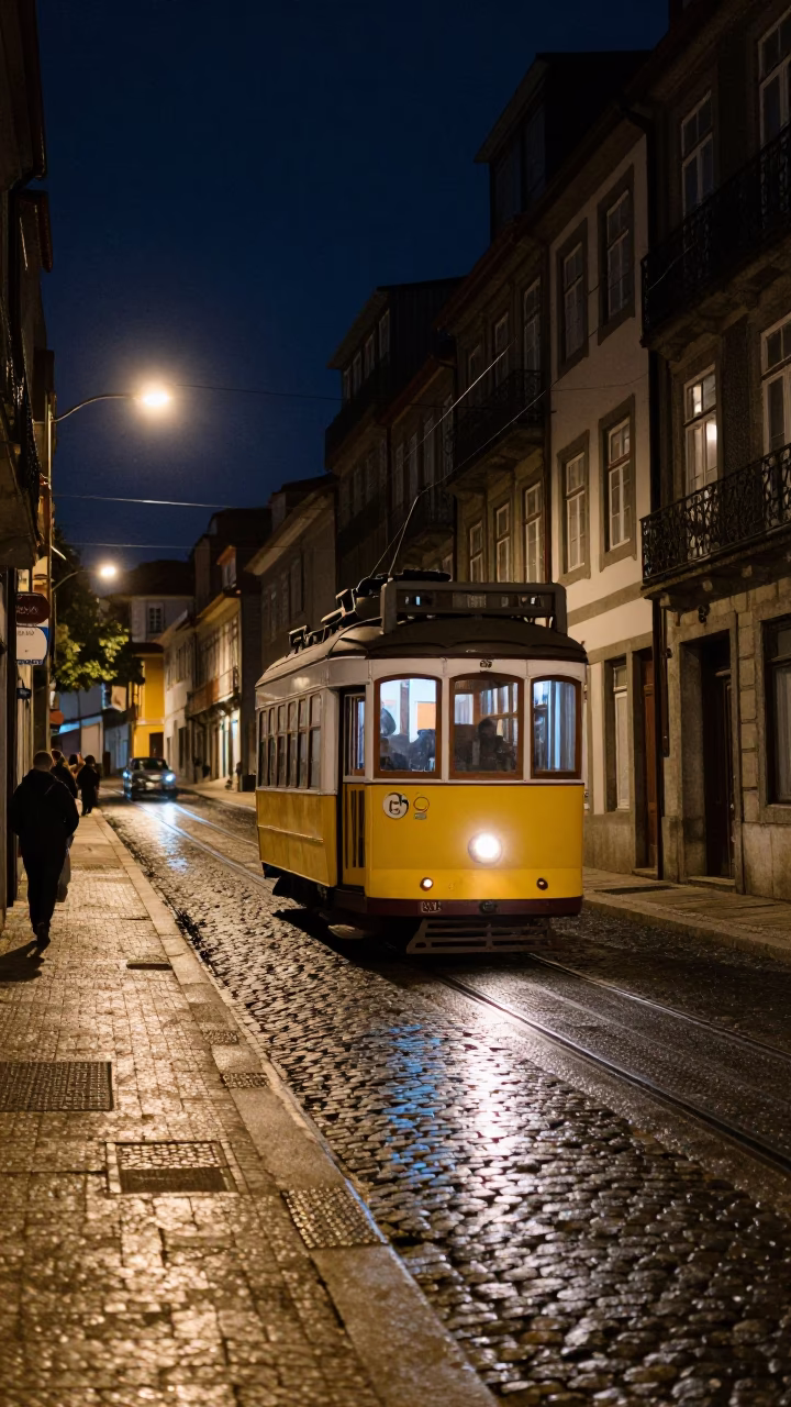 Nighttime Street Scene in Porto Portugal with Yellow Tram and Smudged Wall in in Porto, Portugal
