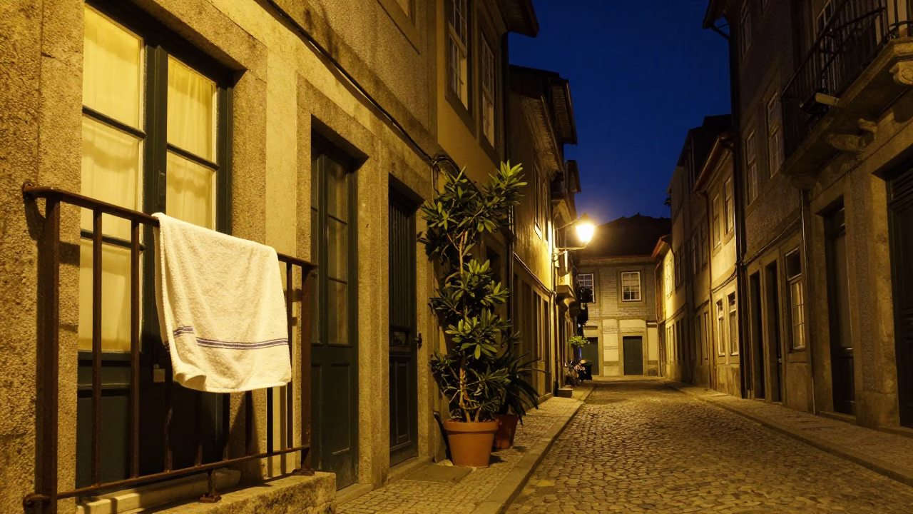 Nighttime street scene in Porto with towel and houseplants in in Porto, Portugal