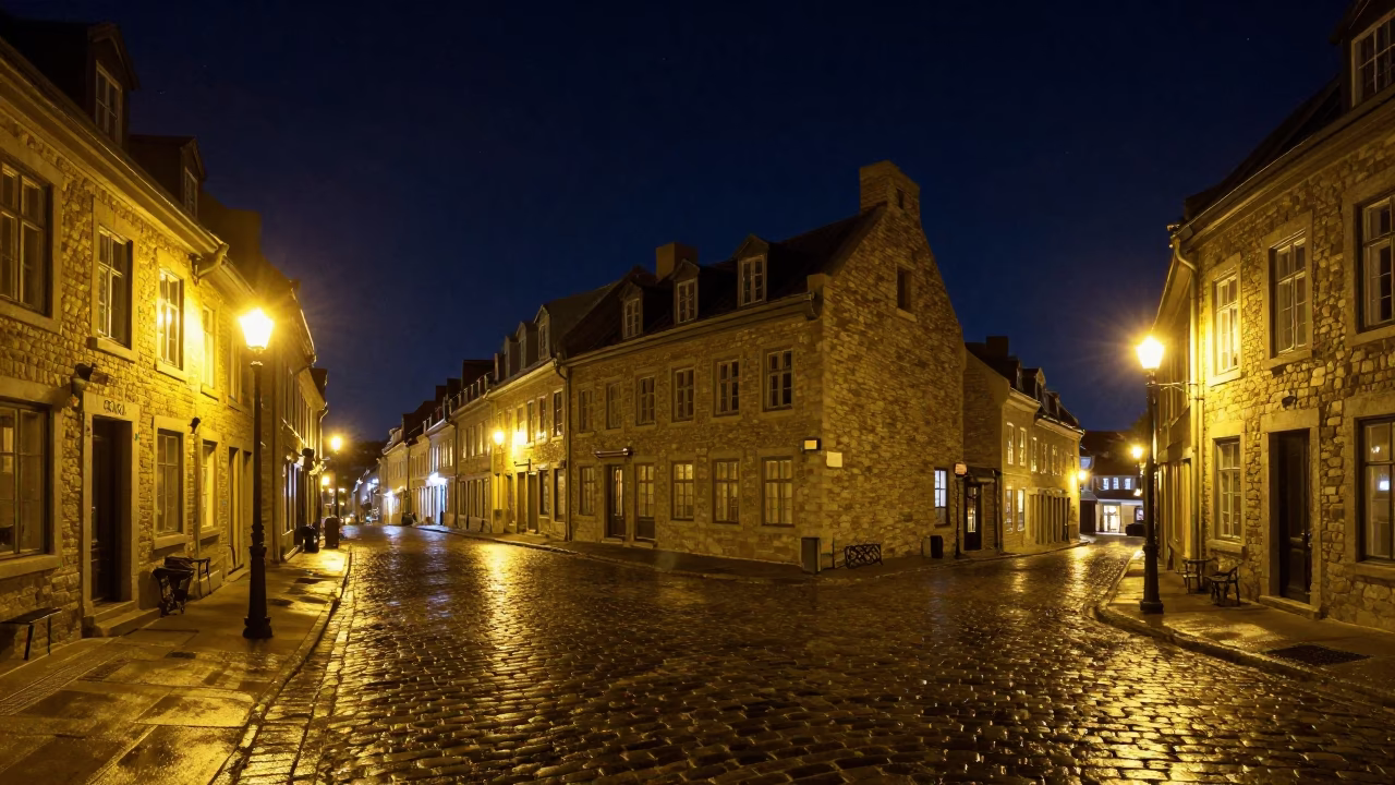 Nighttime Street Scene in Quebec City Under Deep Starry Sky in in Quebec City, Quebec, Canada