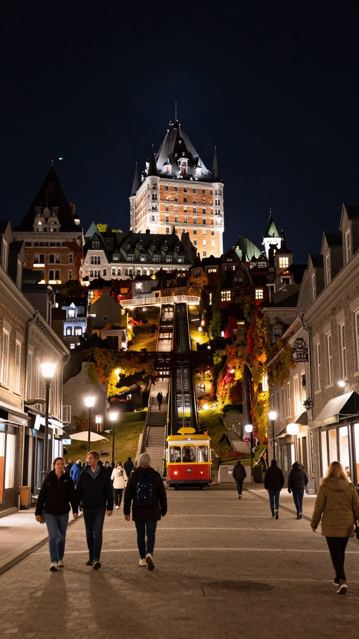 Nighttime Street Scene in Quebec City With Funicular and Illuminated Bridge in in Quebec City, Quebec, Canada