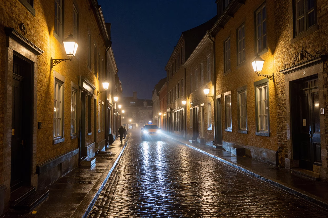 Nighttime Street Scene in Quebec City with Lantern-Lit Alley and Yellow Taxi in in Quebec City, Quebec, Canada