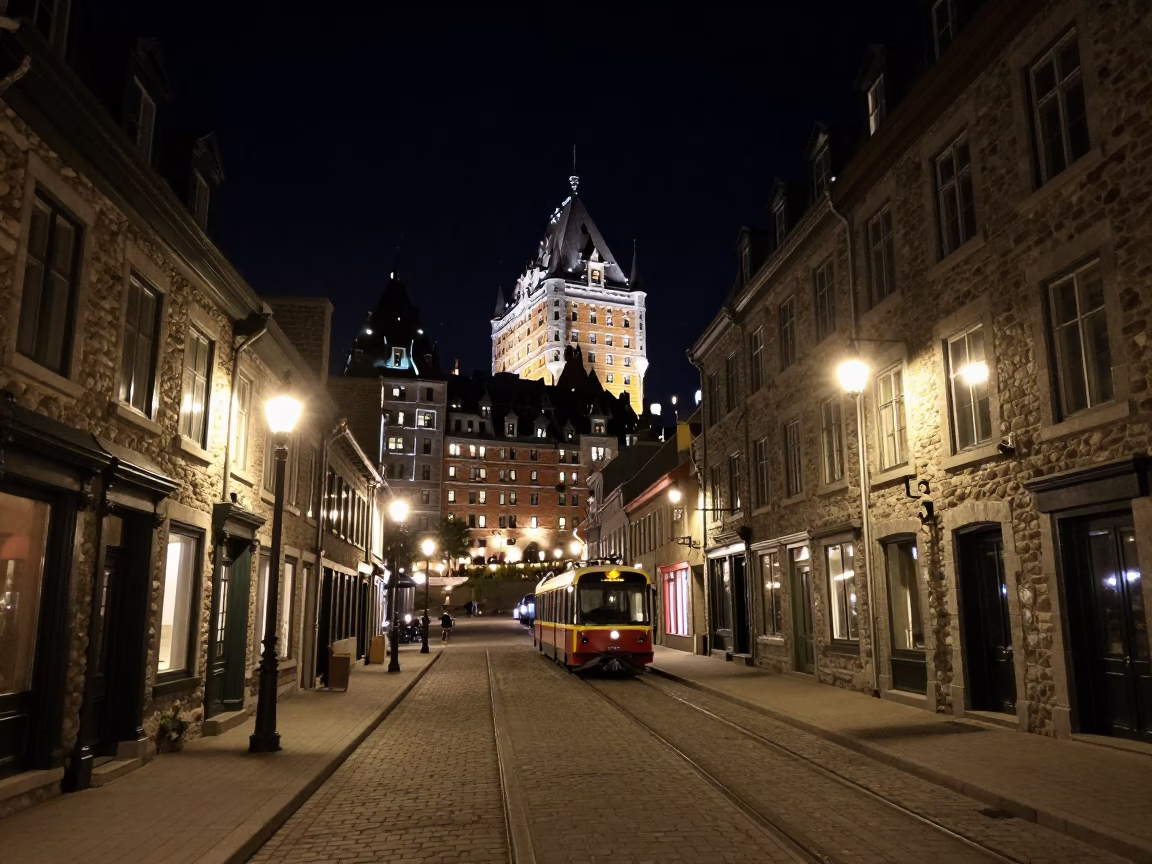 Nighttime Street Scene in Quebec City with Narrow Gauge Train and Solar Array in in Quebec City, Quebec, Canada