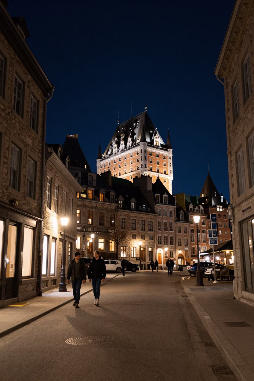 Nighttime Street Scene in Quebec City with Old World Architecture and Urban Life in in Quebec City, Quebec, Canada