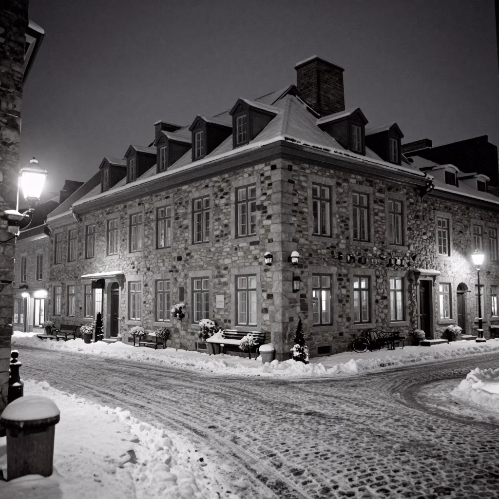 Nighttime Street Scene in Quebec City with Snow and Historic Architecture in in Quebec City, Quebec, Canada