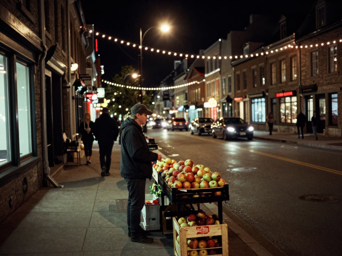 Nighttime Street Scene in Quebec City with String Lights and Urban Details in in Quebec City, Quebec, Canada