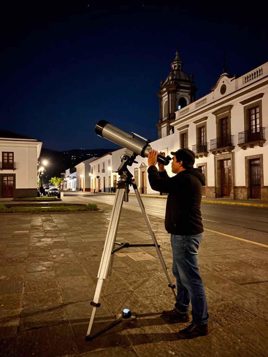 Nighttime Street Scene in Quito Ecuador with Astronomer Telescope and Funicular Hill in in Quito, Ecuador
