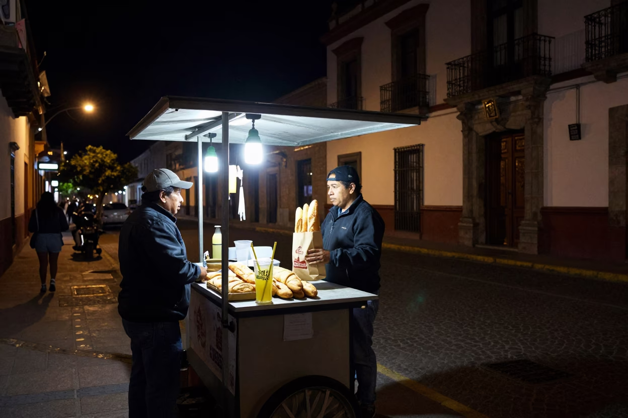 Nighttime Street Scene in Quito Ecuador with Baguettes and Sugarcane Juice in in Quito, Ecuador