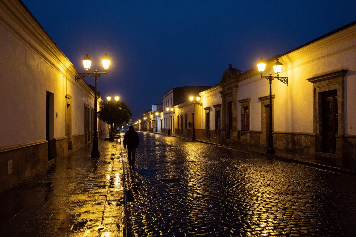 Nighttime Street Scene in Quito Ecuador with Cobblestones and Streetlights in in Quito, Ecuador
