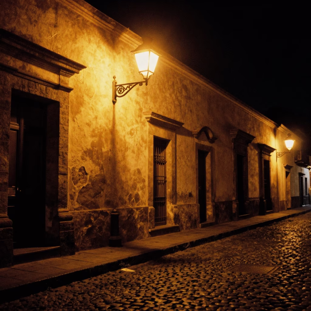 Nighttime Street Scene in Quito Ecuador With Cobblestones And Vintage Streetlamp in in Quito, Ecuador