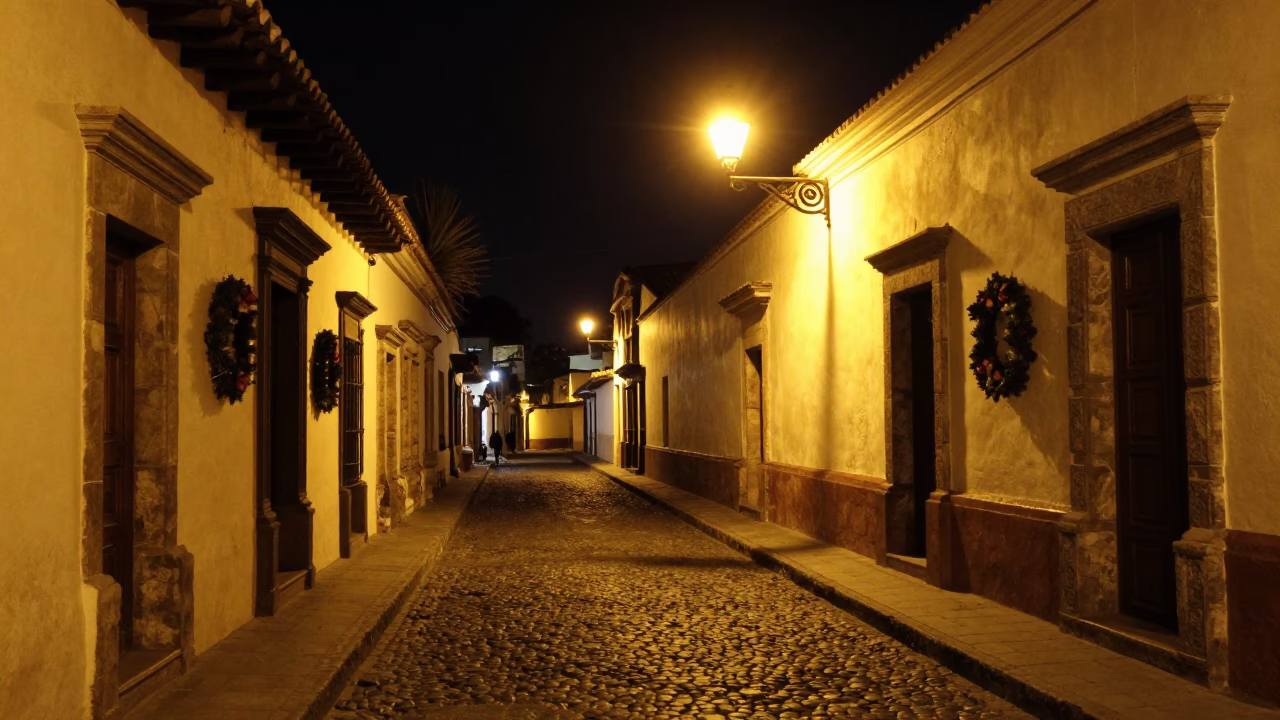 Nighttime Street Scene in Quito Ecuador with Door Wreaths and Local Life in in Quito, Ecuador