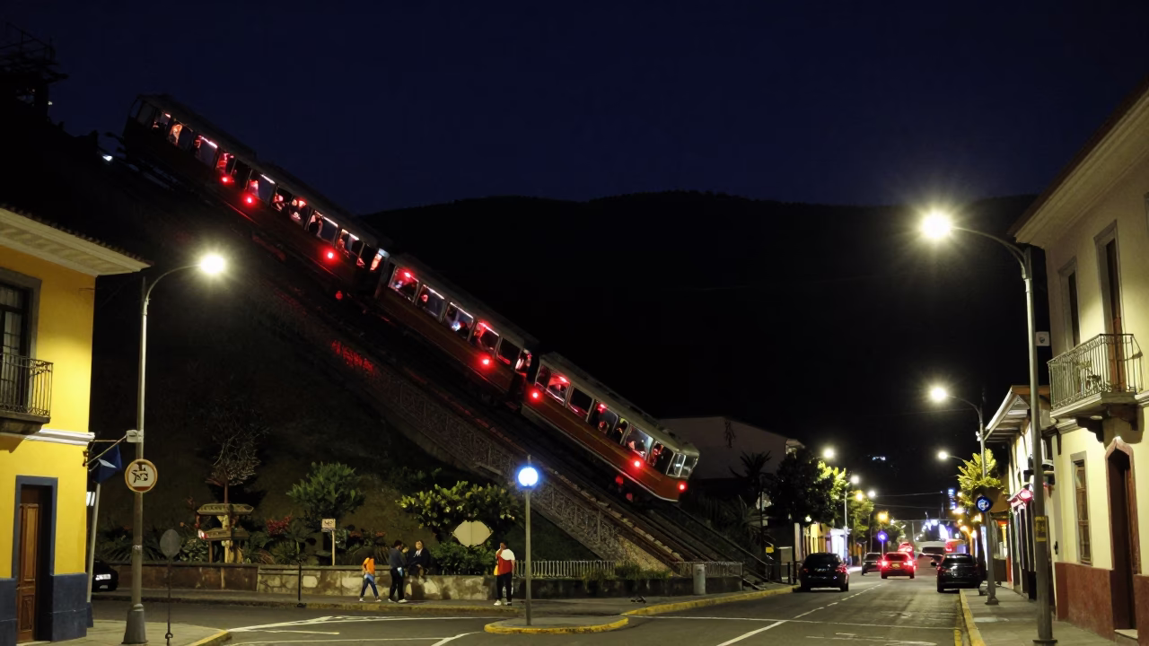 Nighttime Street Scene in Quito Ecuador with Mountain Cog Railway and Local Life in in Quito, Ecuador