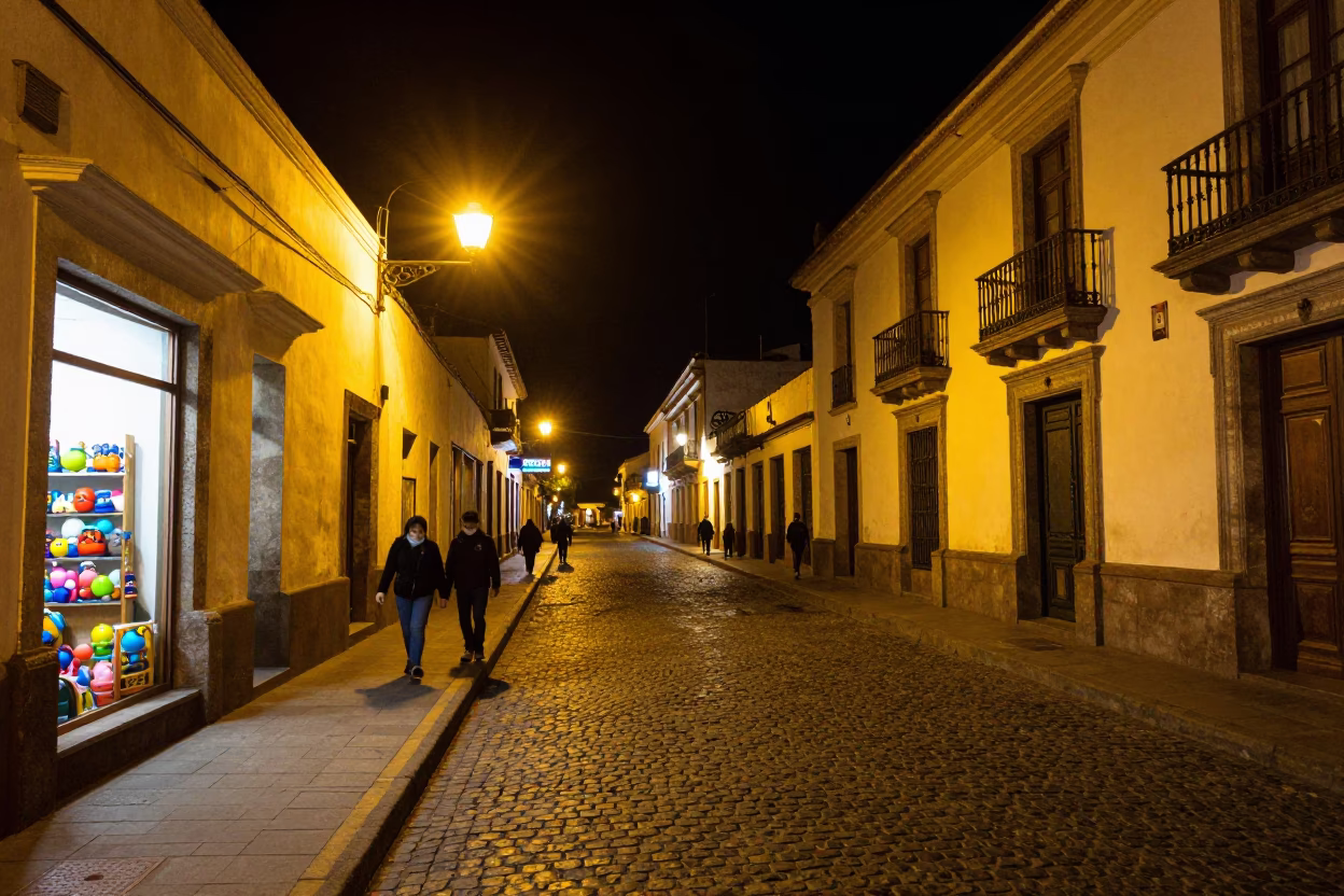 Nighttime Street Scene in Quito Ecuador with Neon Signs and Pedestrians in in Quito, Ecuador