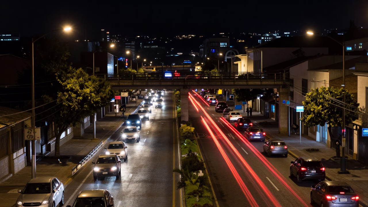 Nighttime Street Scene in Quito Ecuador with Overpass Interchange and Taillight Streaks in in Quito, Ecuador