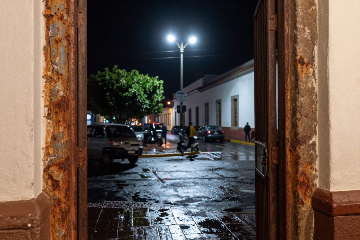 Nighttime street scene in Quito Ecuador with rusted doorframe and wet pavement in in Quito, Ecuador
