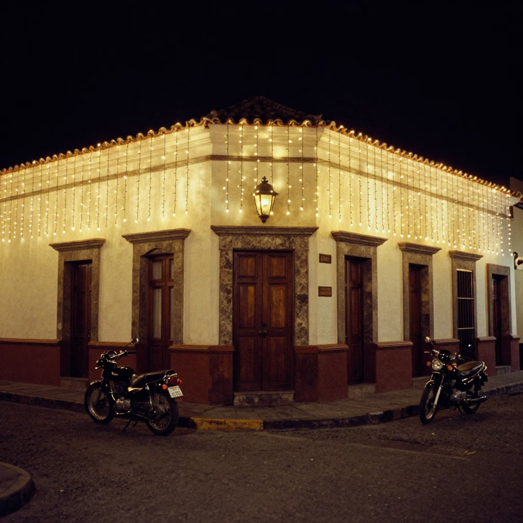 Nighttime Street Scene in Quito Ecuador with String Lights and Motorcycle in in Quito, Ecuador