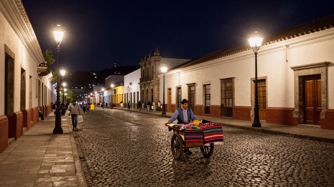 Nighttime Street Scene in Quito Ecuador with Vintage 1950s Aesthetic and Fountain Spray in in Quito, Ecuador