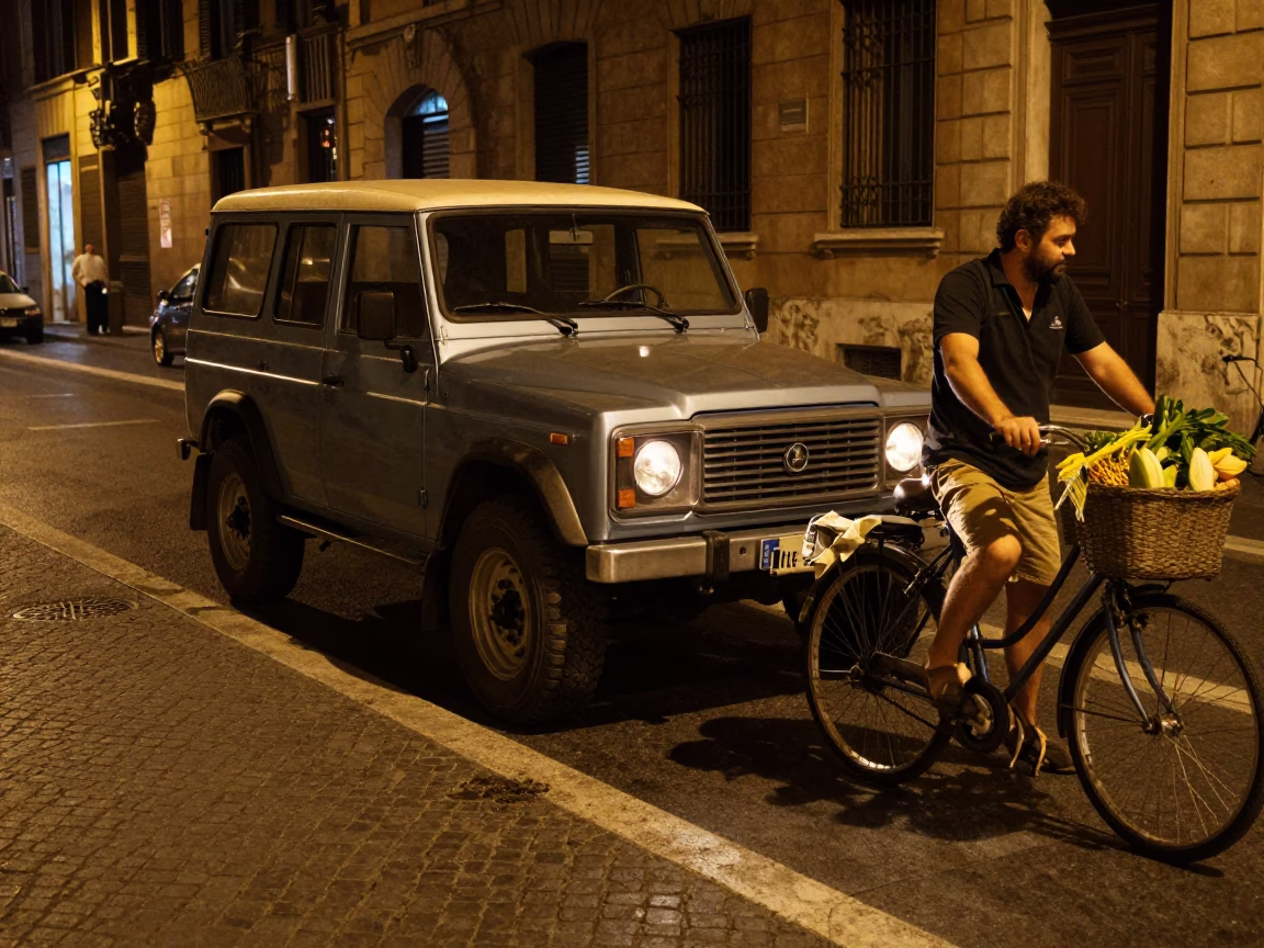 Nighttime Street Scene in Rome Italy with Bicycle Basket and Vintage SUV in in Rome, Italy
