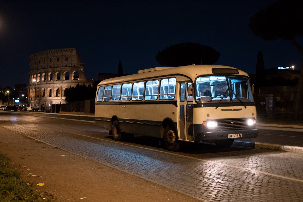 Nighttime Street Scene in Rome Italy with Old Bedford Bus and Hourglass in in Rome, Italy