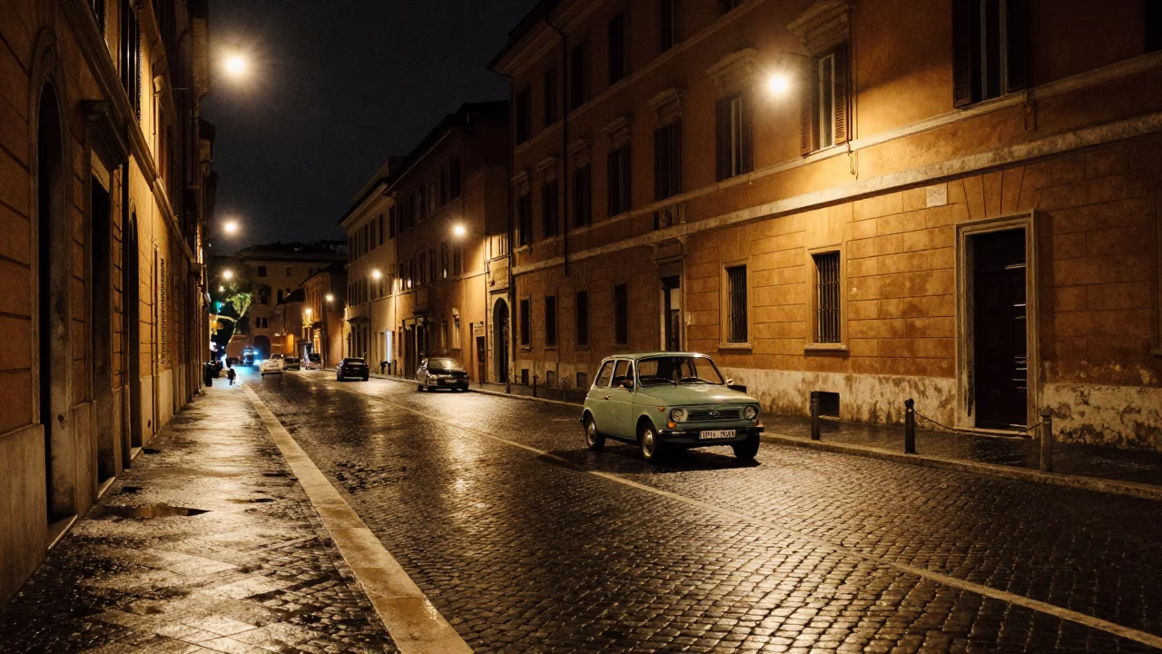 Nighttime Street Scene in Rome Italy with Vintage Car and Rolling Carts in in Rome, Italy