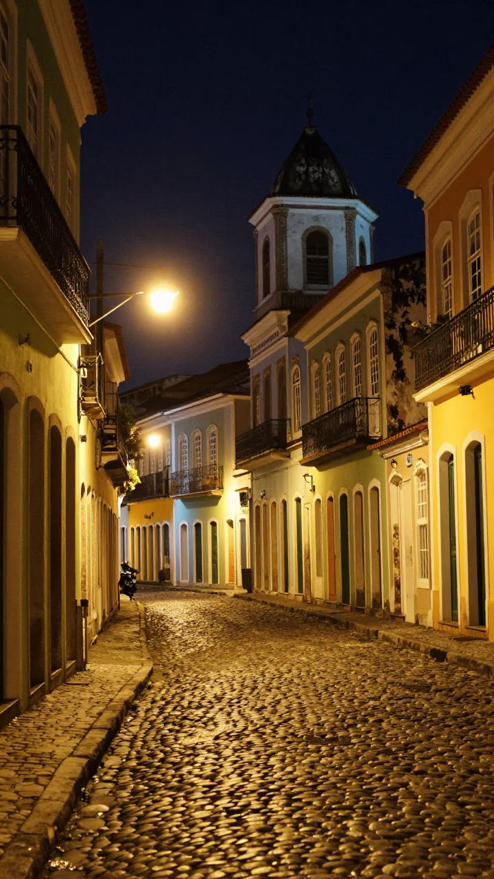 Nighttime Street Scene in Salvador Brazil with Colorful Colonial Architecture and Local Activity in in Salvador, Brazil