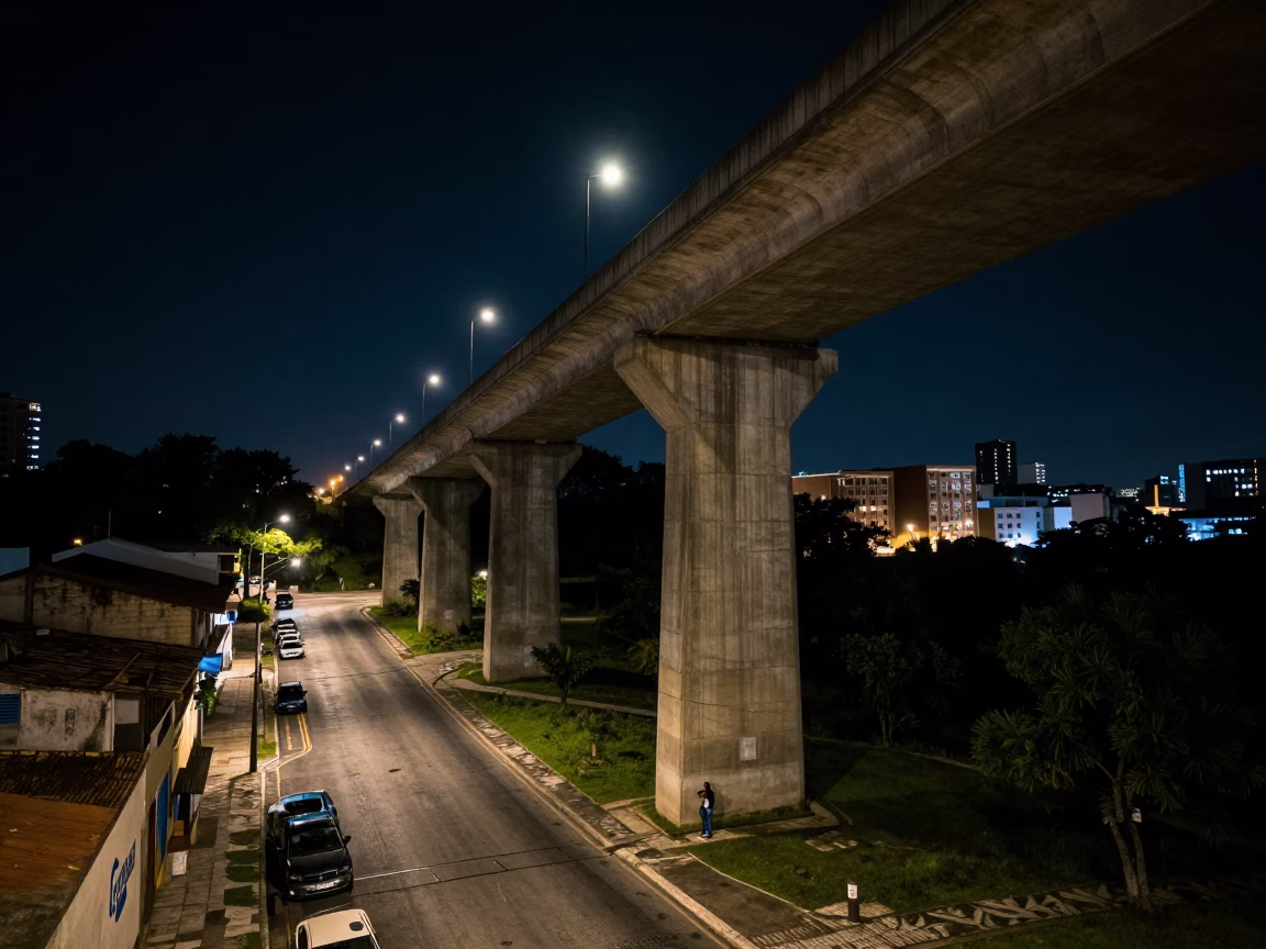 Nighttime Street Scene in Salvador Brazil with Concrete Viaduct and Clipboard in in Salvador, Brazil