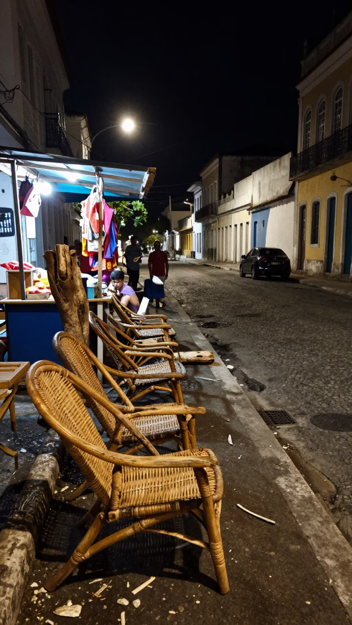 Nighttime Street Scene in Salvador Brazil with Deck Chairs and Driftwood in in Salvador, Brazil