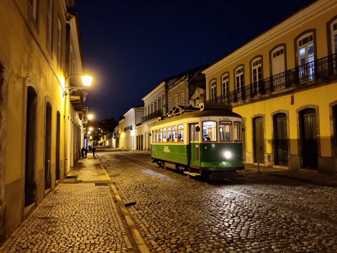 Nighttime Street Scene in Salvador Brazil with Heritage Tram and Cobblestone Avenue in in Salvador, Brazil